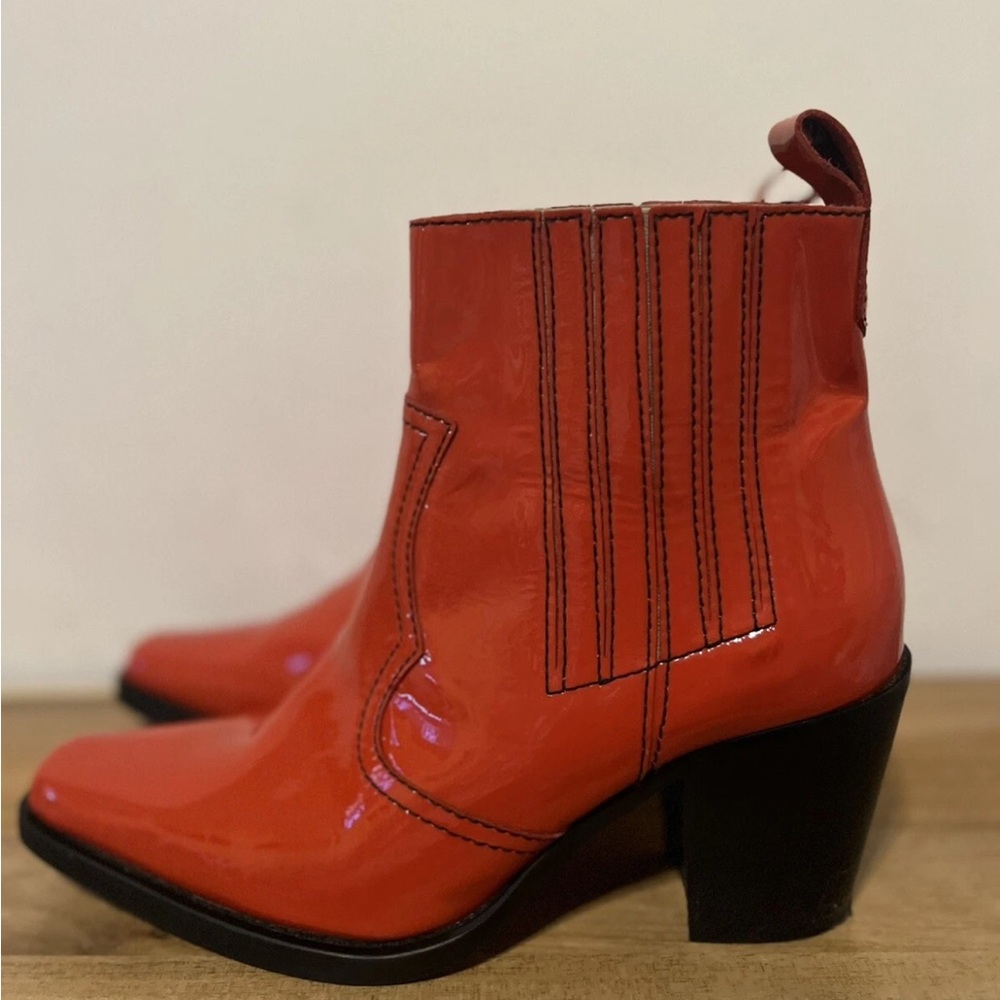 GANNI Callie Western Chelsea Boots Red Patent Leather Sz 38 US 7 7.5 G118 - Picture 6 of 16